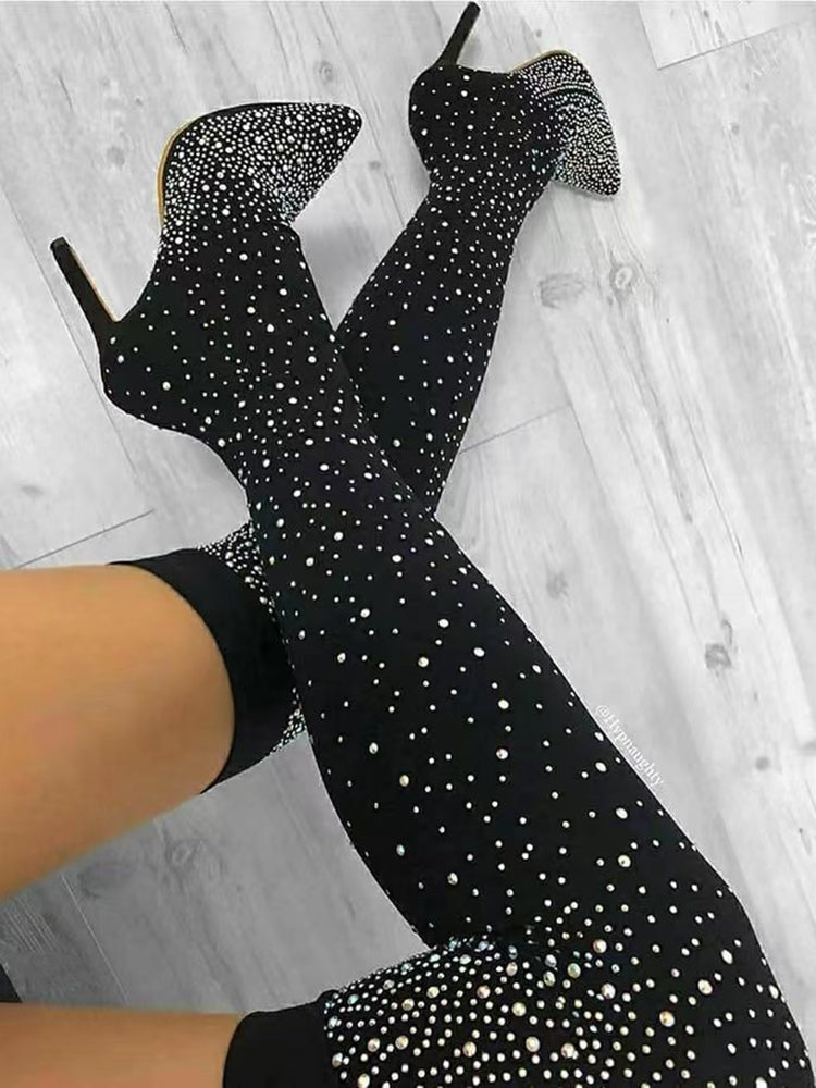 Rhinestone Decor Thigh High Boots