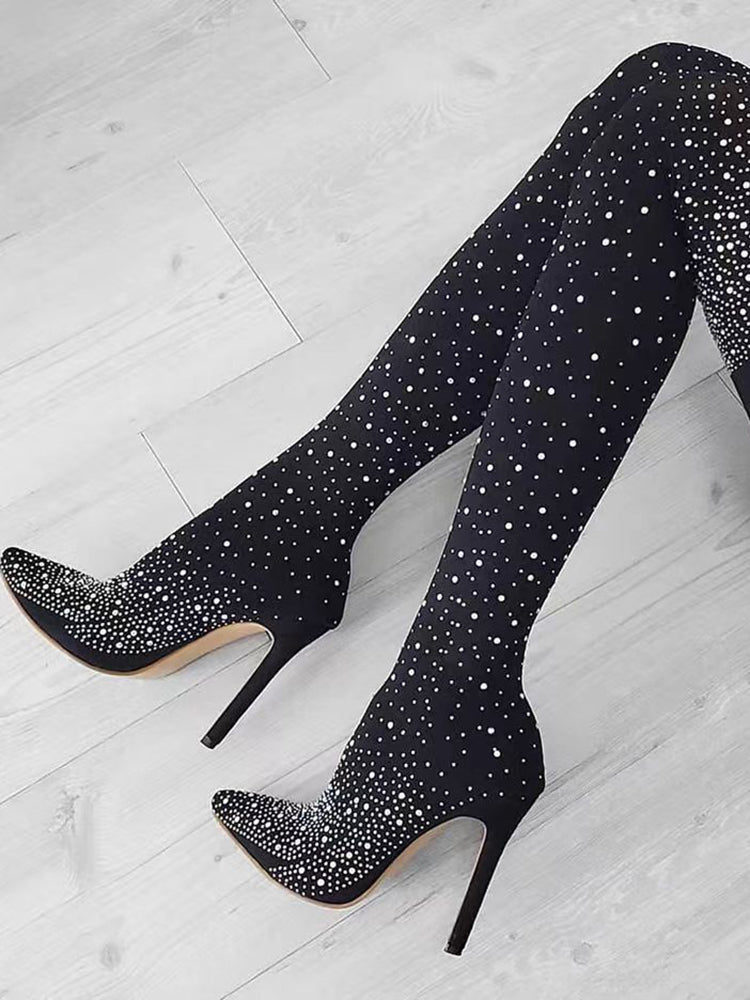 Rhinestone Decor Thigh High Boots