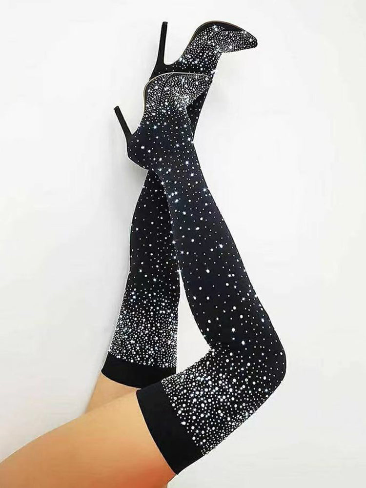 Rhinestone Decor Thigh High Boots