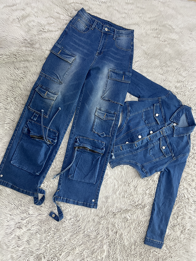 Denim Asymmetrical Jacket & Cargo Jeans Set