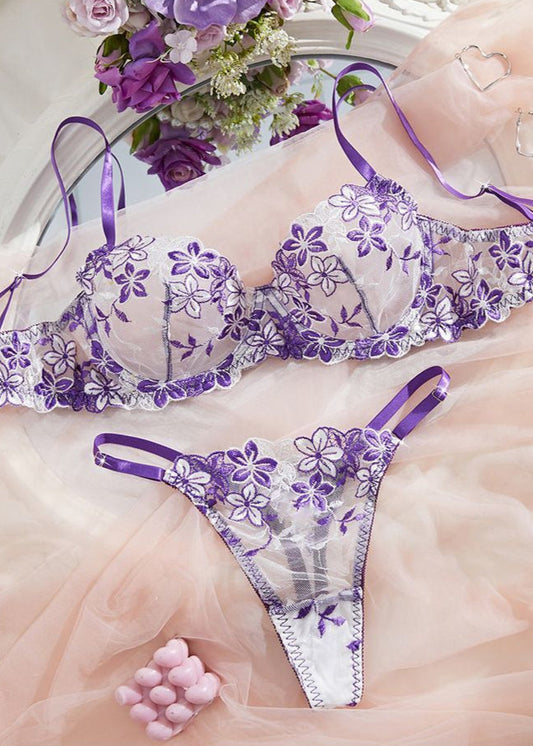Lilac Blossom Embroidered Lingerie Set