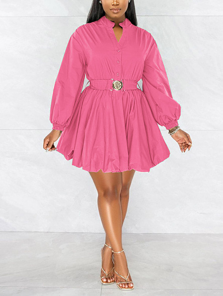 Belted Puffy Sleeve Solid Dress