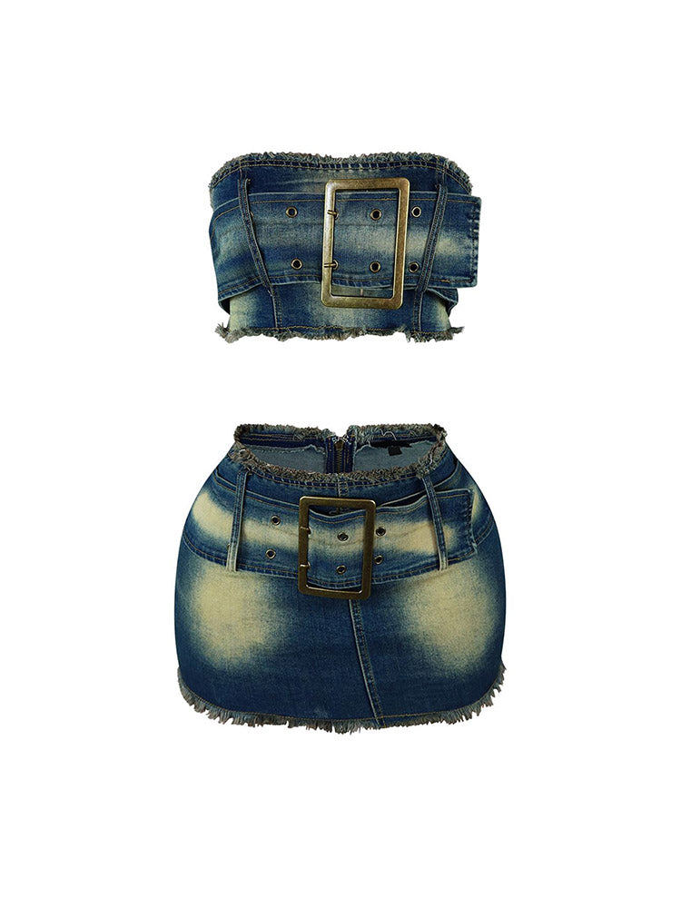 Denim Belted Tube Top & Skirt SET