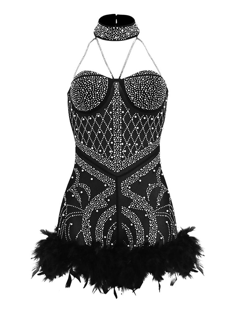 Mesh Rhinestone Feather Romper