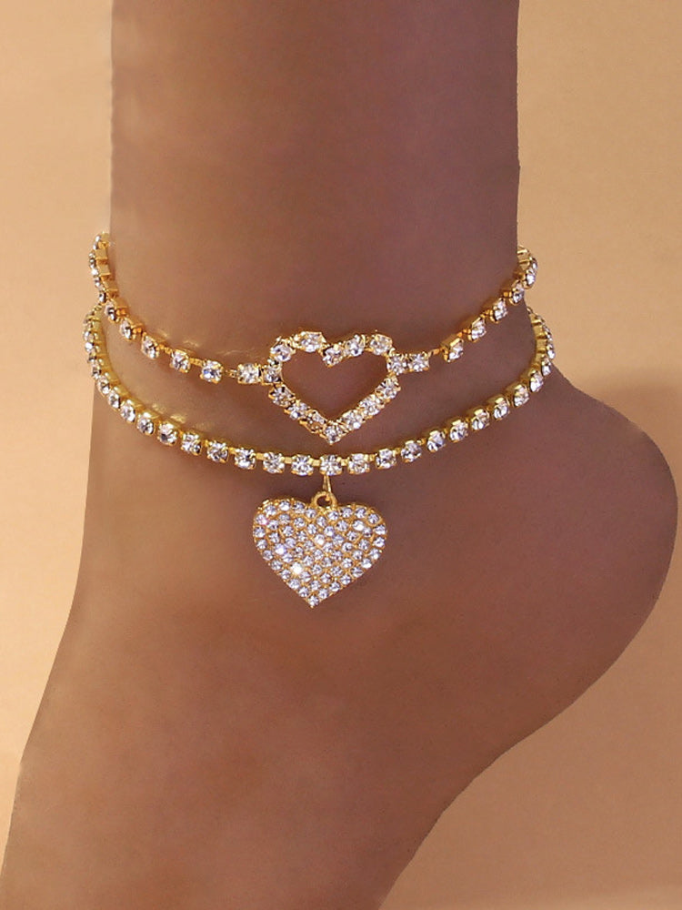 2PCS Rhinestone Heart Anklet