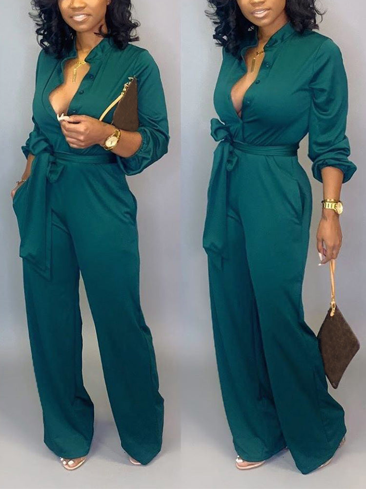 Button Belted Wide Leg Jumpsuit