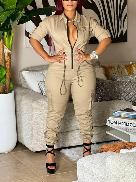 Zip Front Cargo Jumpsuit