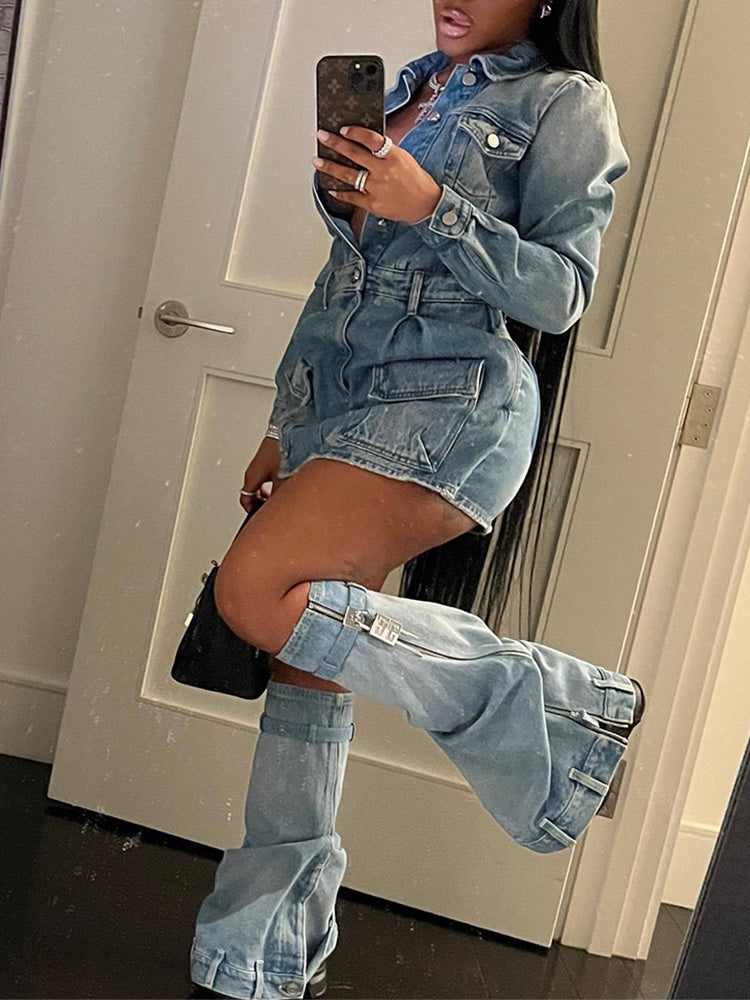 Denim Dress with Leg Warmers