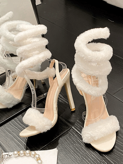 Fluffy Strap Stiletto Heel Sandals