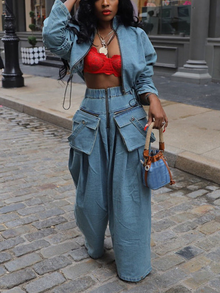 Denim Jacket & Wide Pants Set