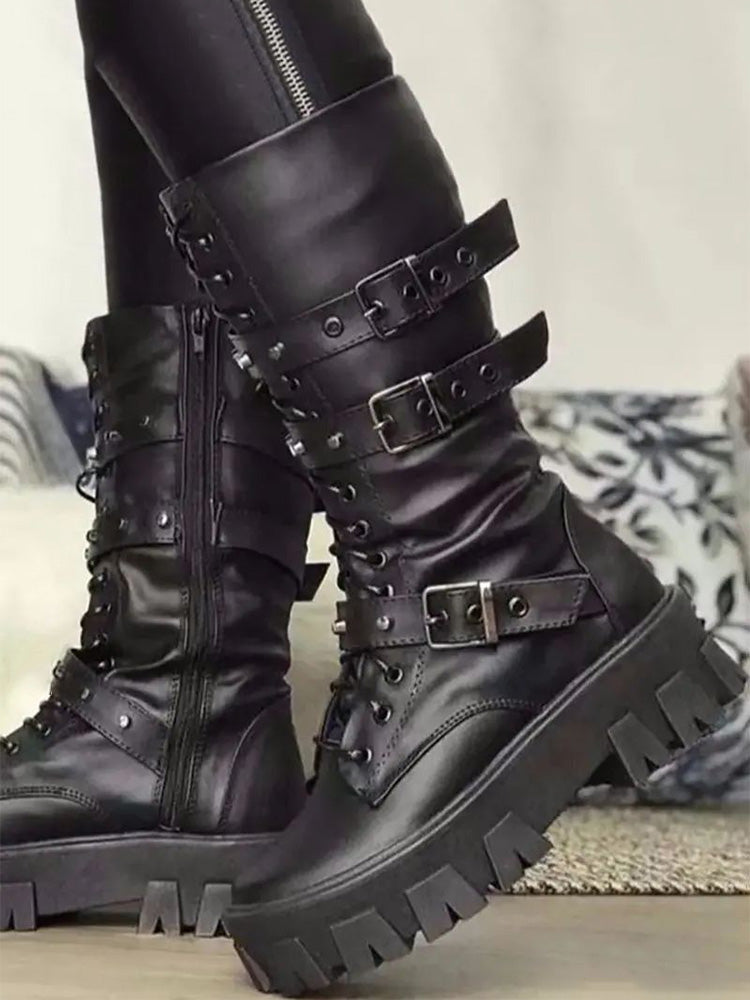 Eyelet Buckled Zipper Platform Boots