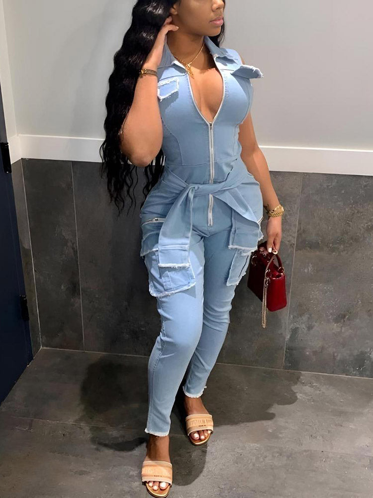 Sleeveless Cargo Denim Jumpsuit