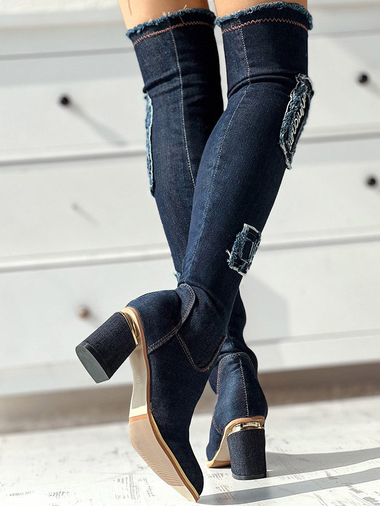 Ripped Over The Knee Denim Boots