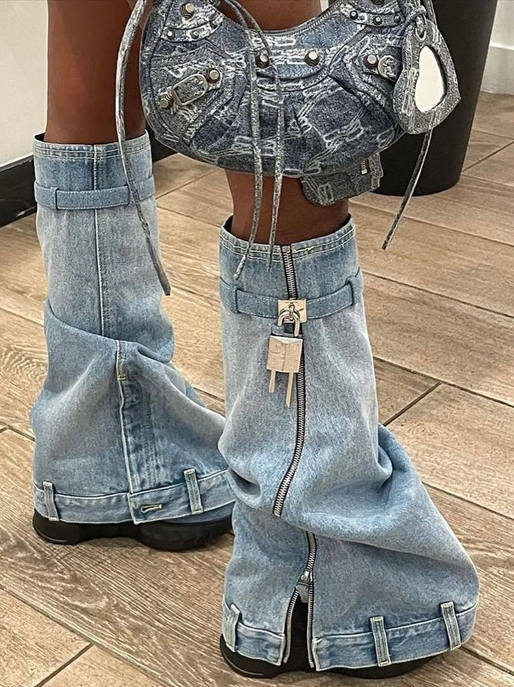 Denim Wedge Heel Boots