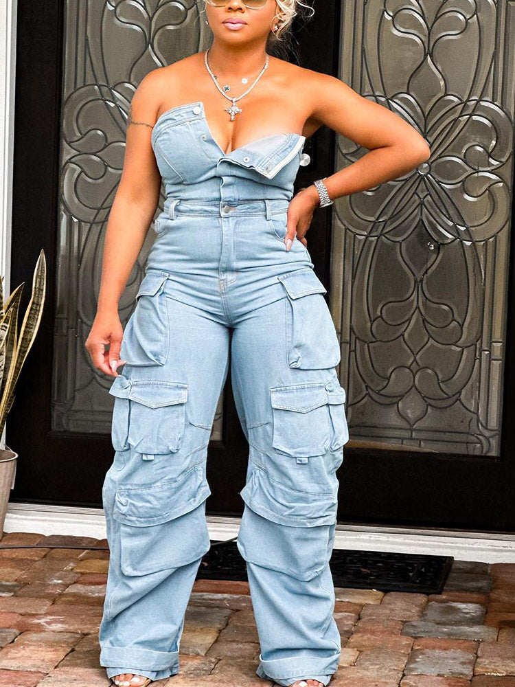 Denim Strapless Cargo Jumpsuit