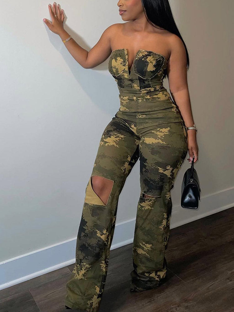 Ripped Strapless Camo Jumpsuit