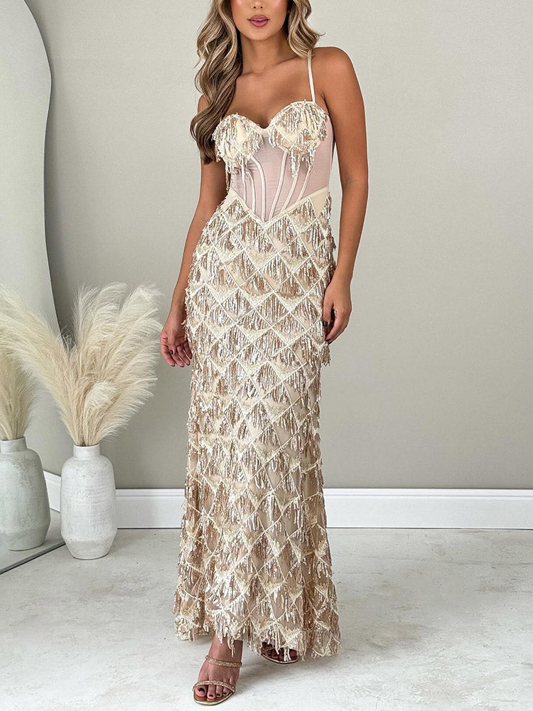 Sequin Fringed Gown Maxi Dress