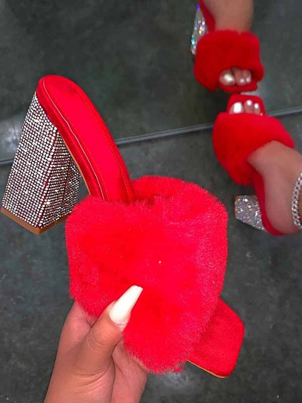 Rhinestone Chunky Heel Furry Sandal