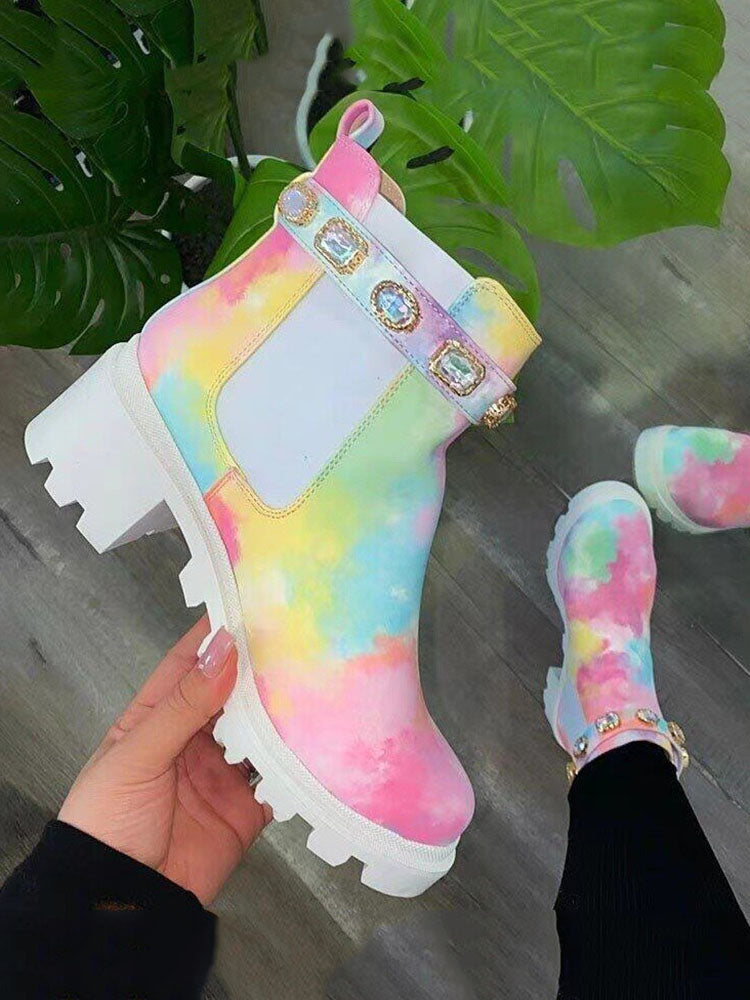 Tie Dye Rhinestone Decor Ankle Boots