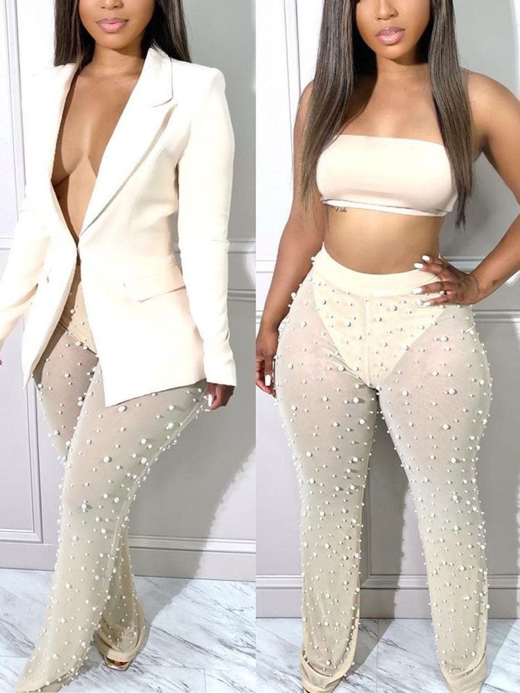 Blazer Beaded Sheer Pants Set