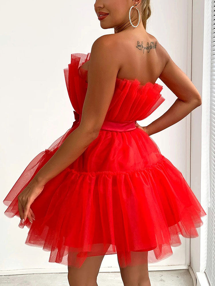 Bow Decor Layered Tulle Cocktail Dress