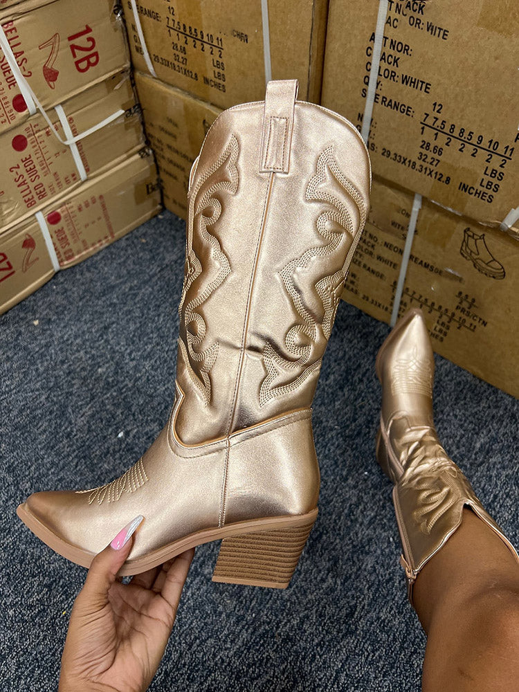 Metallic PU Leather Cowboy Boots