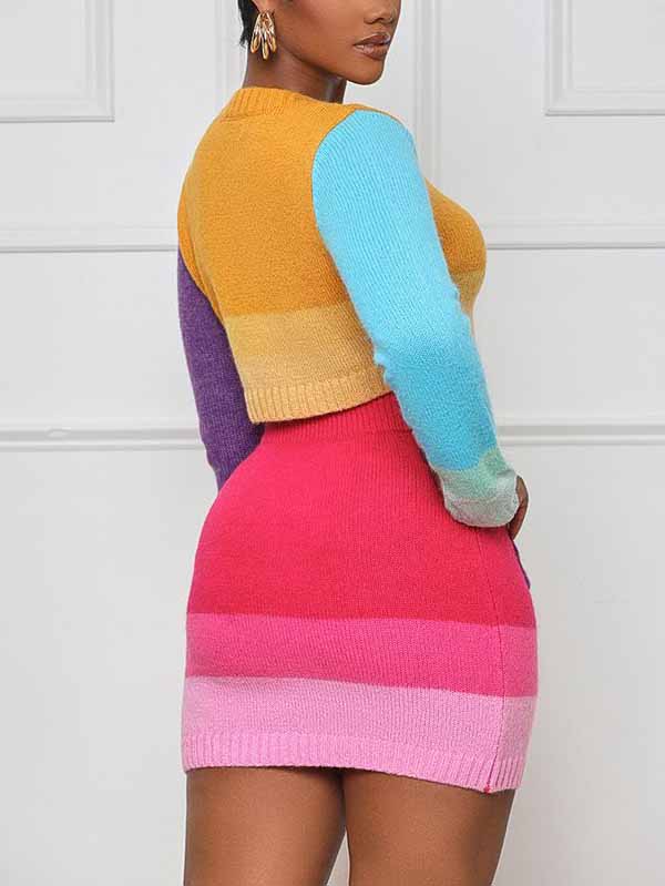 Knit Color Block Crop Top And Skirt Set