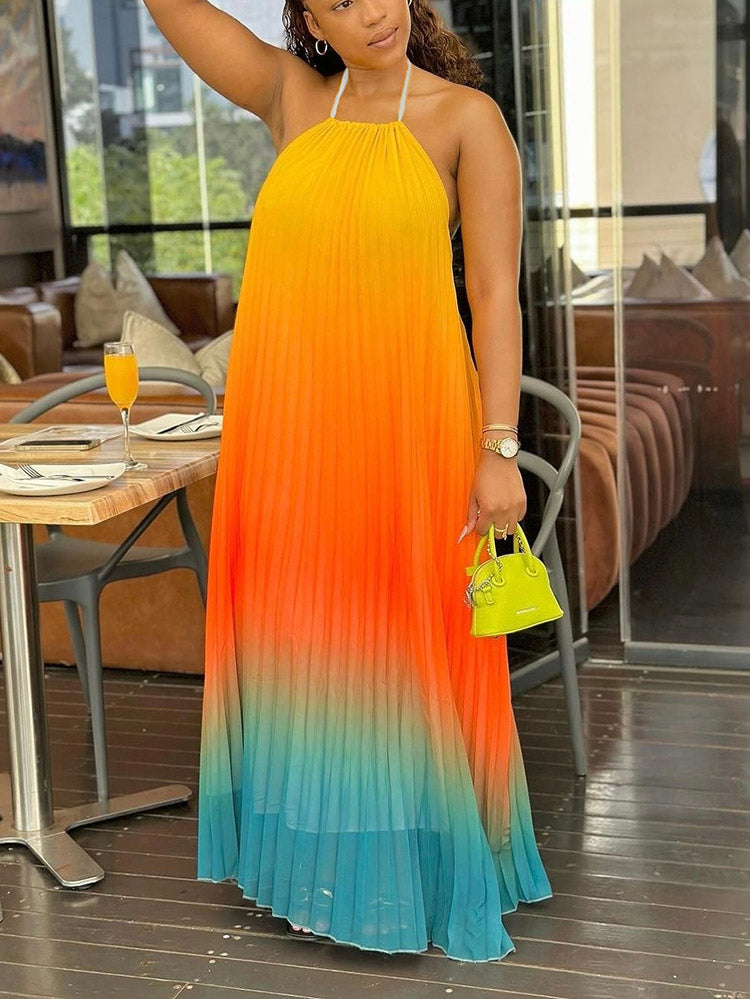 Ombre Pleated Backless Maxi Dress