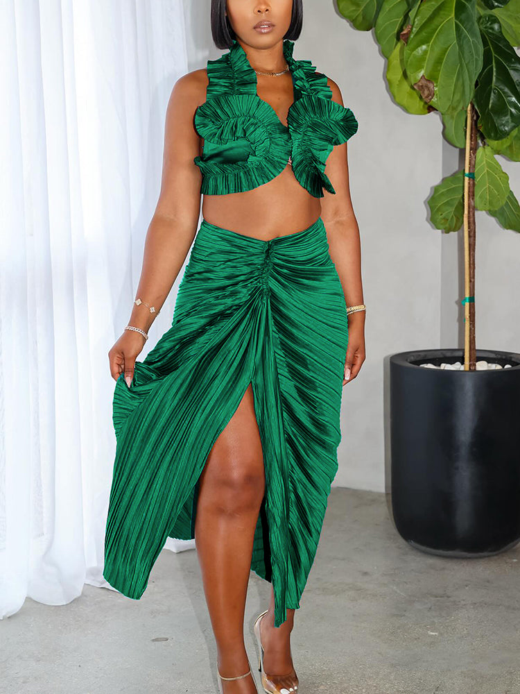 Ruffle Crop Top & Slit Skirt Set