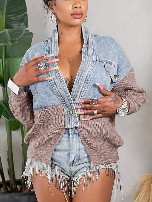 Knitted Denim Patchwork Cardigan