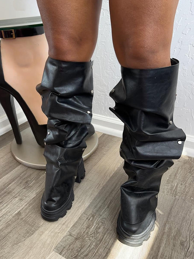 Leather Press Stud Round Toe Boots