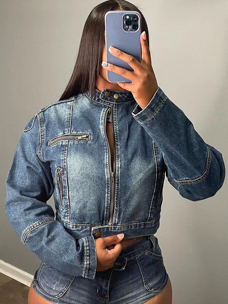 Denim Crop Jacket & Shorts Set