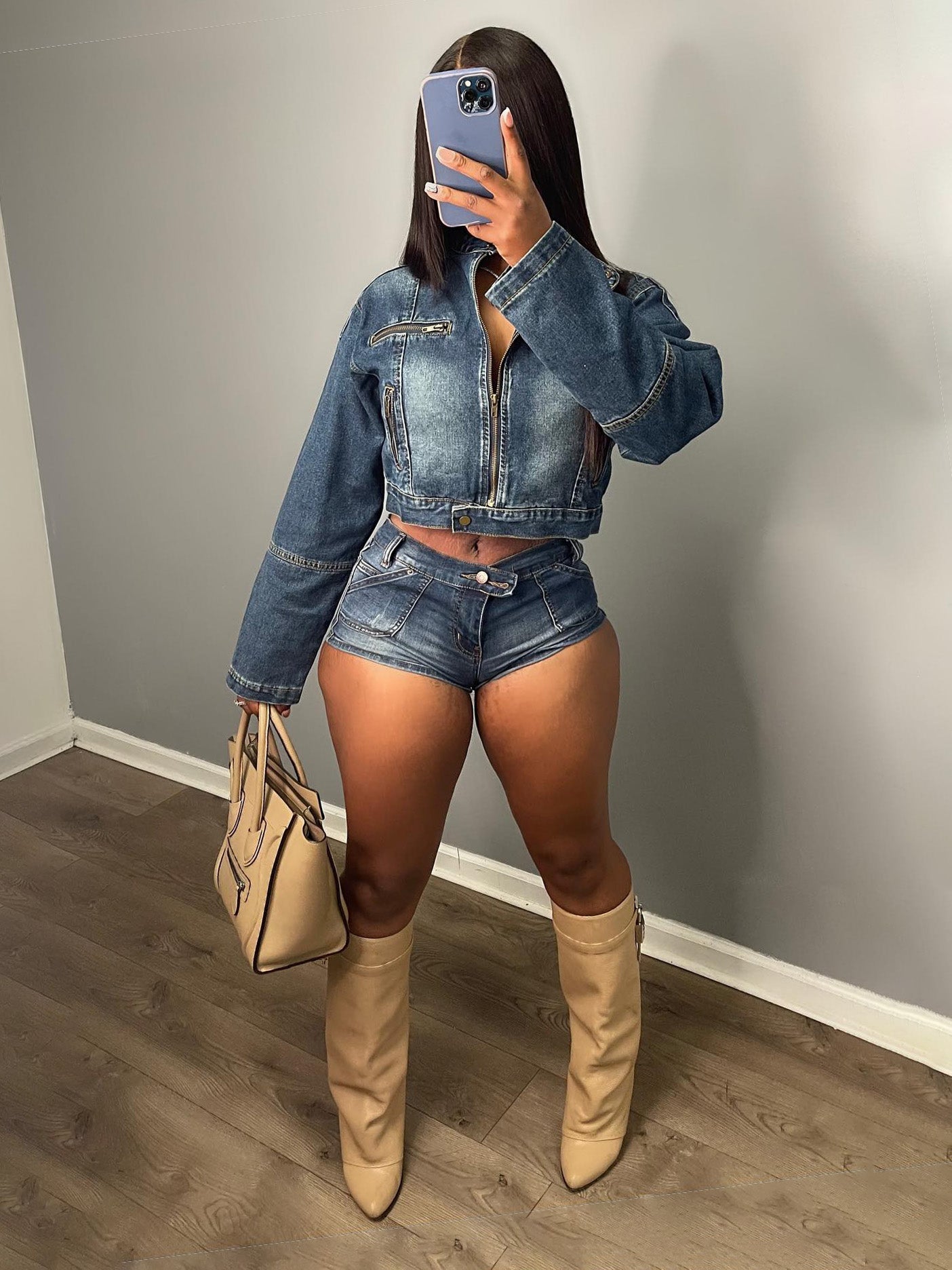 Denim Crop Jacket & Shorts Set