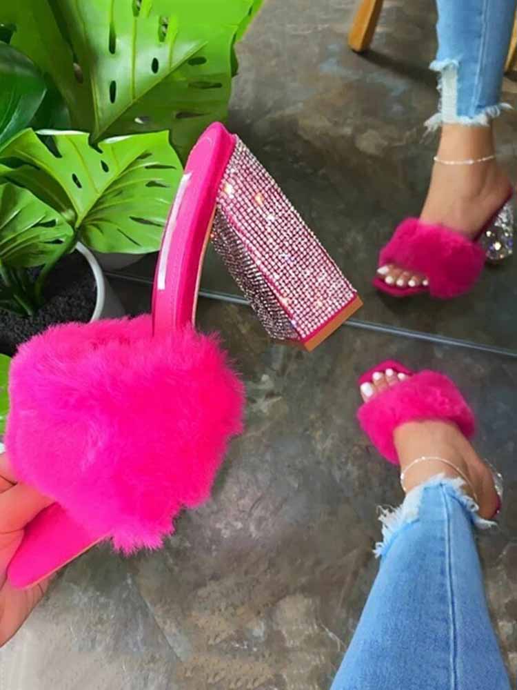 Rhinestone Chunky Heel Furry Sandal