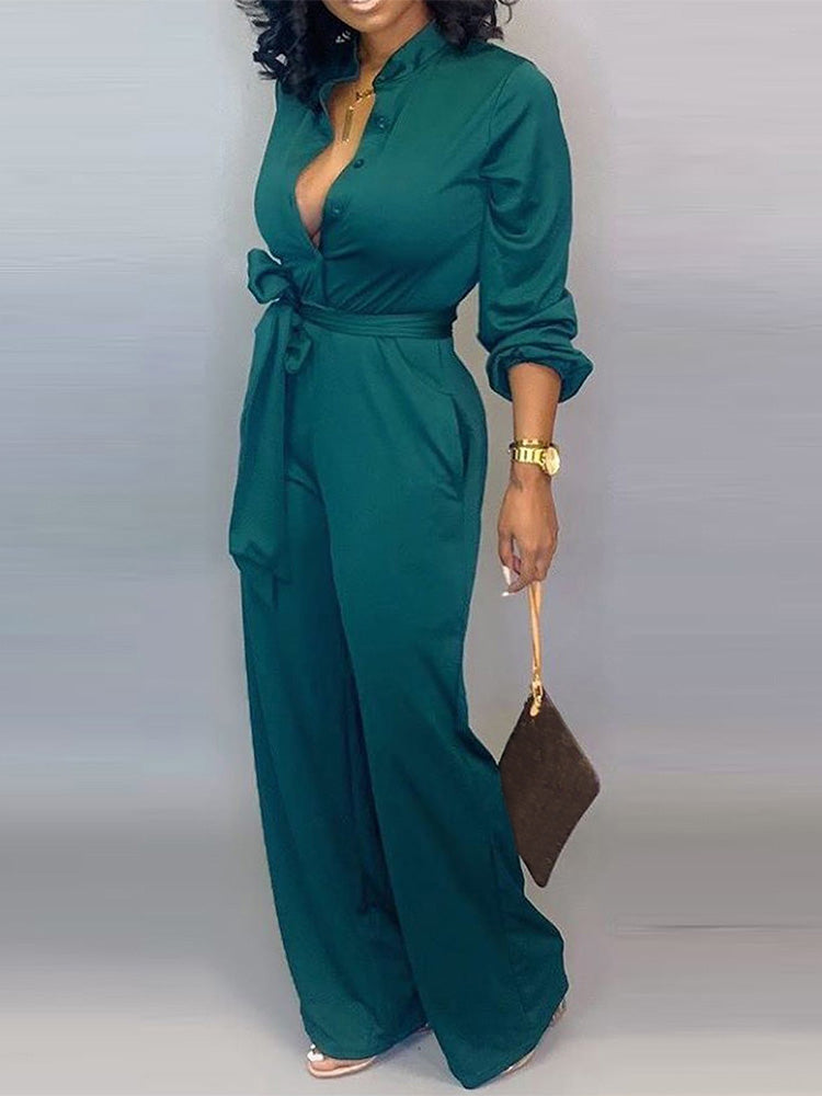 Button Belted Wide Leg Jumpsuit