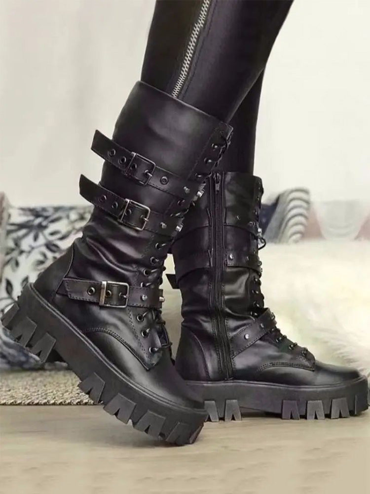 Eyelet Buckled Zipper Platform Boots