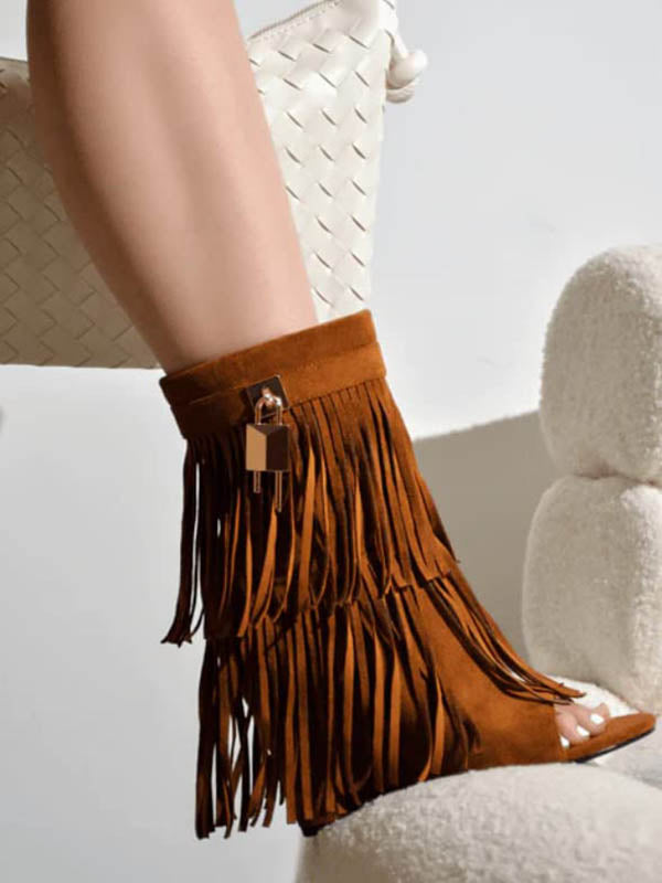 Fringe Open Toe Suede Boots