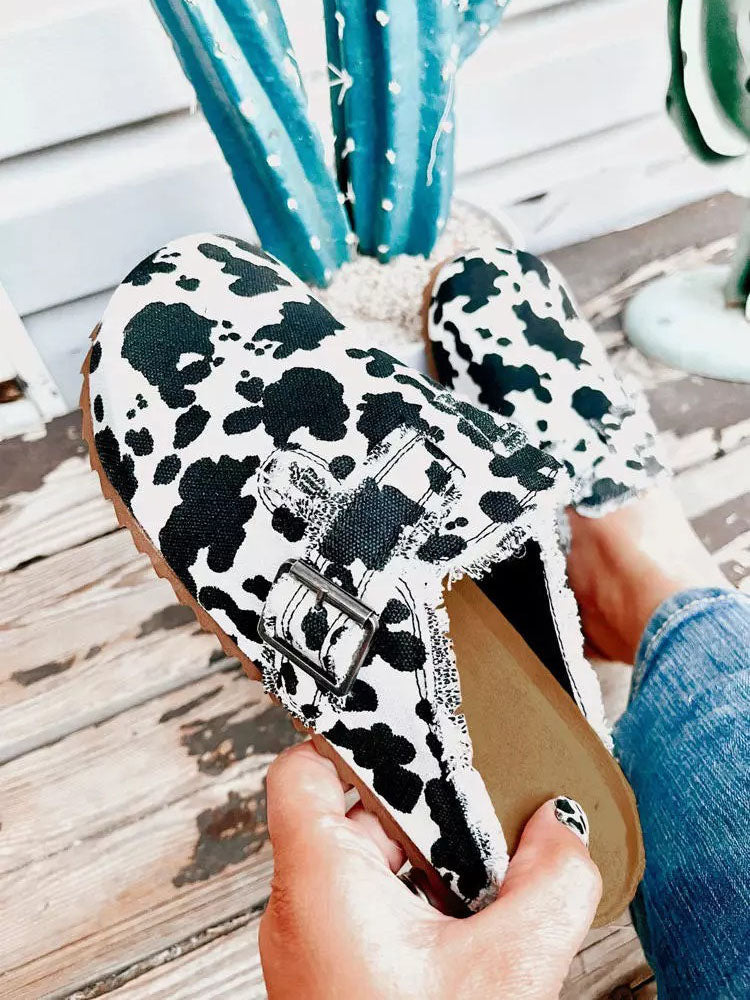 Cow Buckle Round Toe Slippers