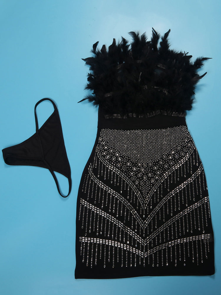 Rhinestone Feather Mesh Dress