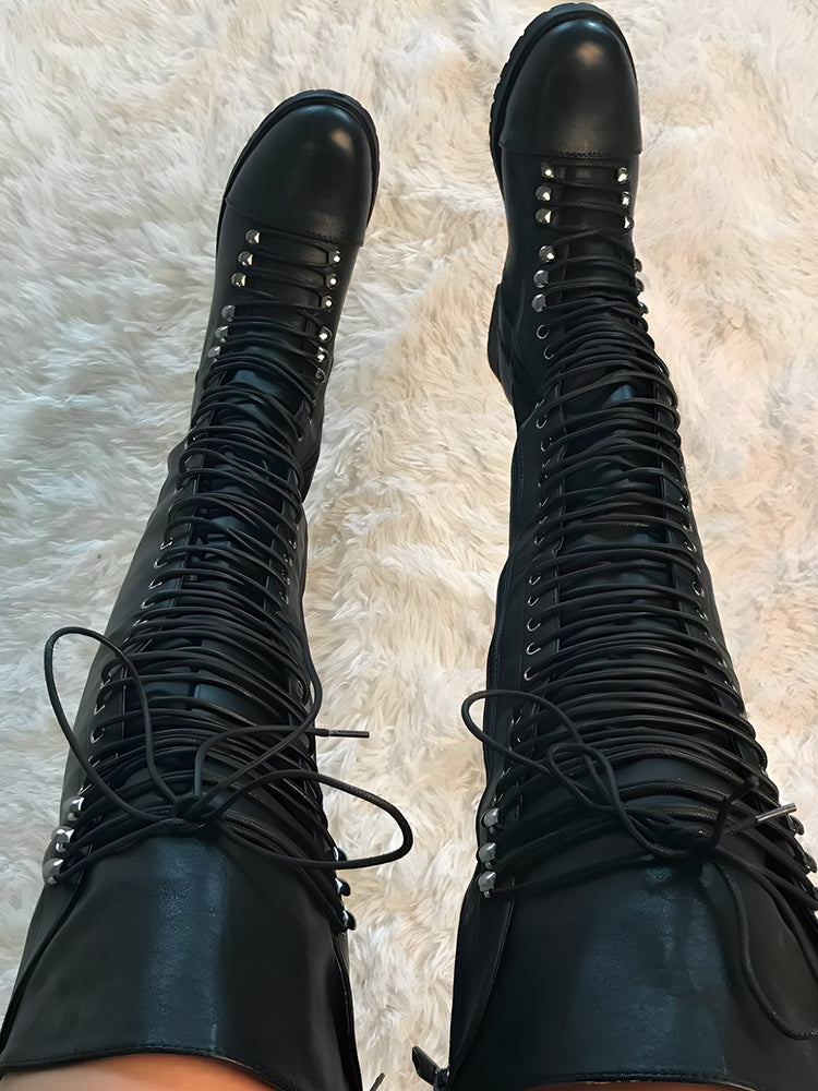 Lace Up Leather Over The Knee Boots