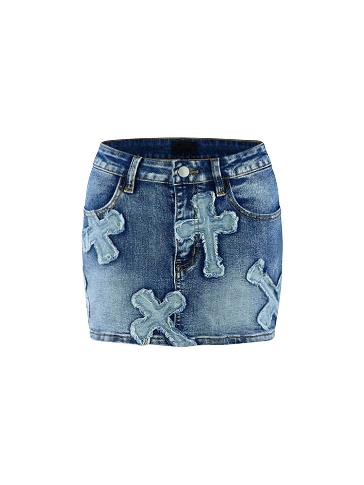 Cross Denim Jacket Skirt Set