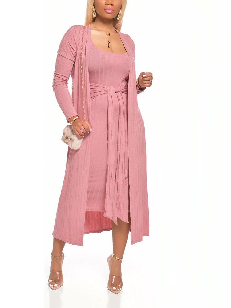 Ribbed Cardigan Tie Front Dress Set