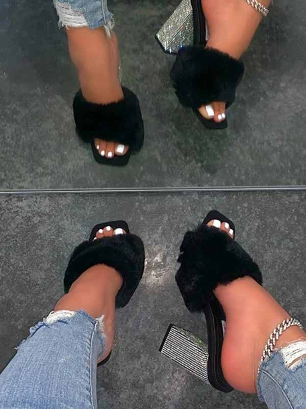 Rhinestone Chunky Heel Furry Sandal