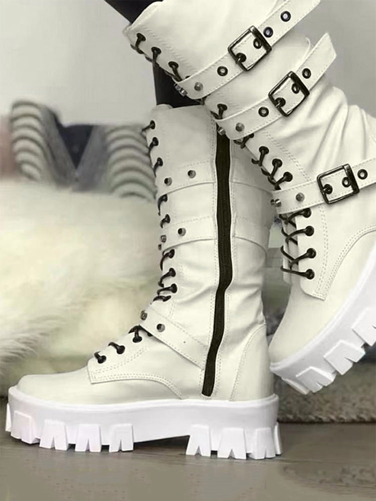 Eyelet Buckled Zipper Platform Boots