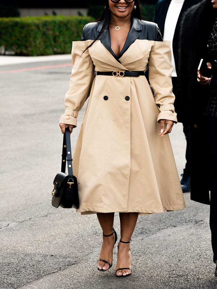 Leather Contrast Belted Trench Coat