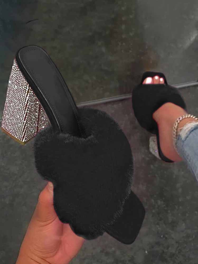 Rhinestone Chunky Heel Furry Sandal