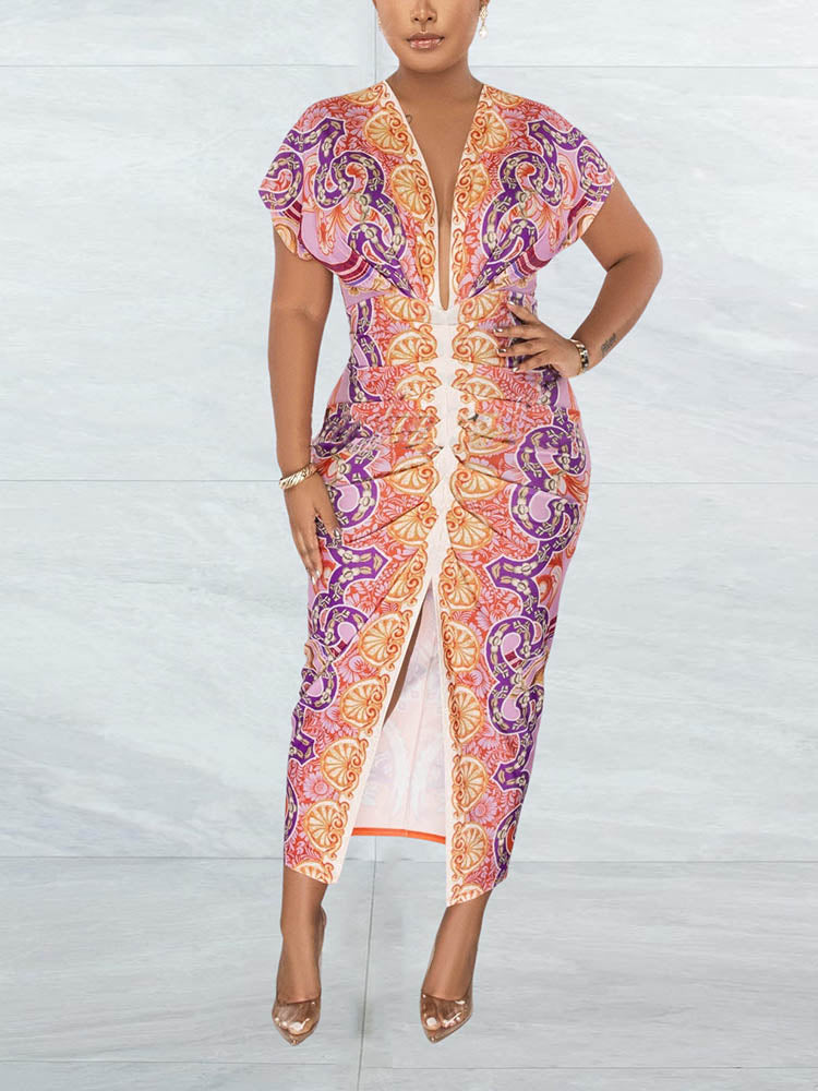 Print Ruched Slit Vacation Dress