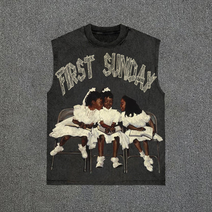Retro First Sunday Faith Graphic Print Vintage Wash Sleeveless Tank Top - Blavra