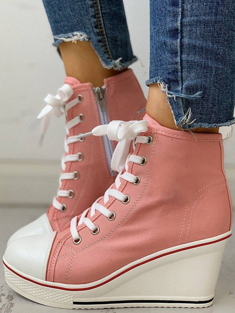 Lace-Up Thick Soled Heel Canvas Sneakers