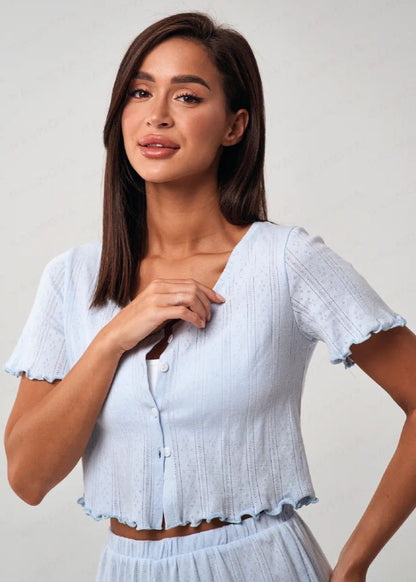 Ruffle Hem Short Sleeve Lounge Set – Light Blue